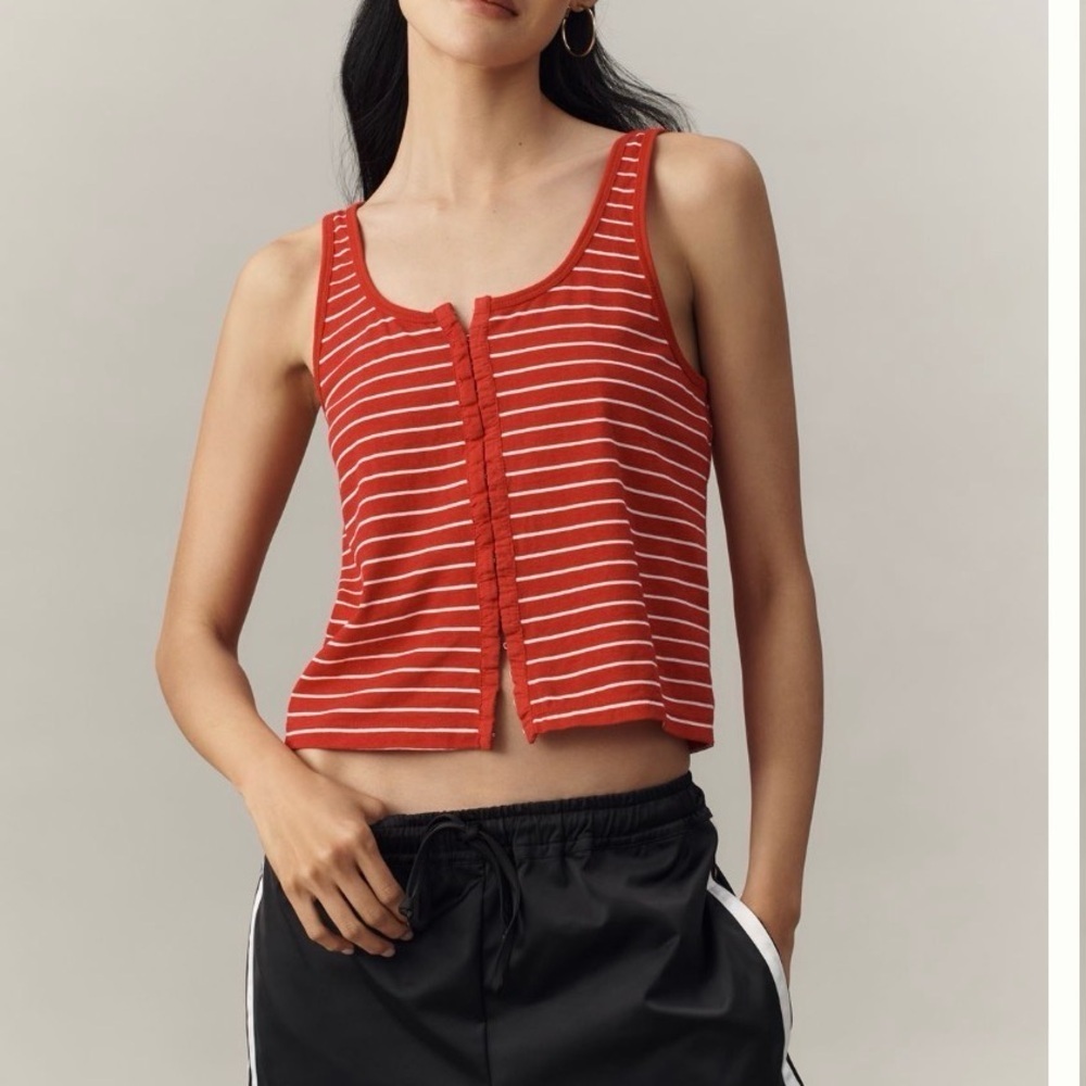 Pilcro anthropologies  Red & White Striped Button-Front Crop Tank Top XL Coastal